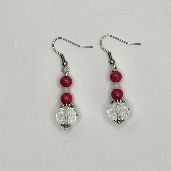 Handmade Earrings with Crystal, Red Coral, and Moonstone – 2" Dangle - Picture 4 of 10